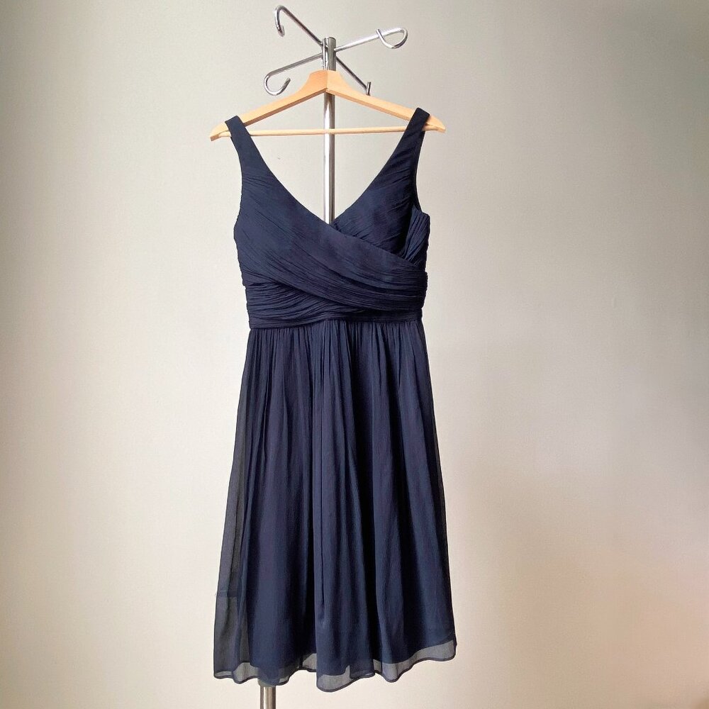 🍂 Navy Blue 100% Silk V-Neck A-Line Feminine Ruched Mini Cocktail Dress J.Crew